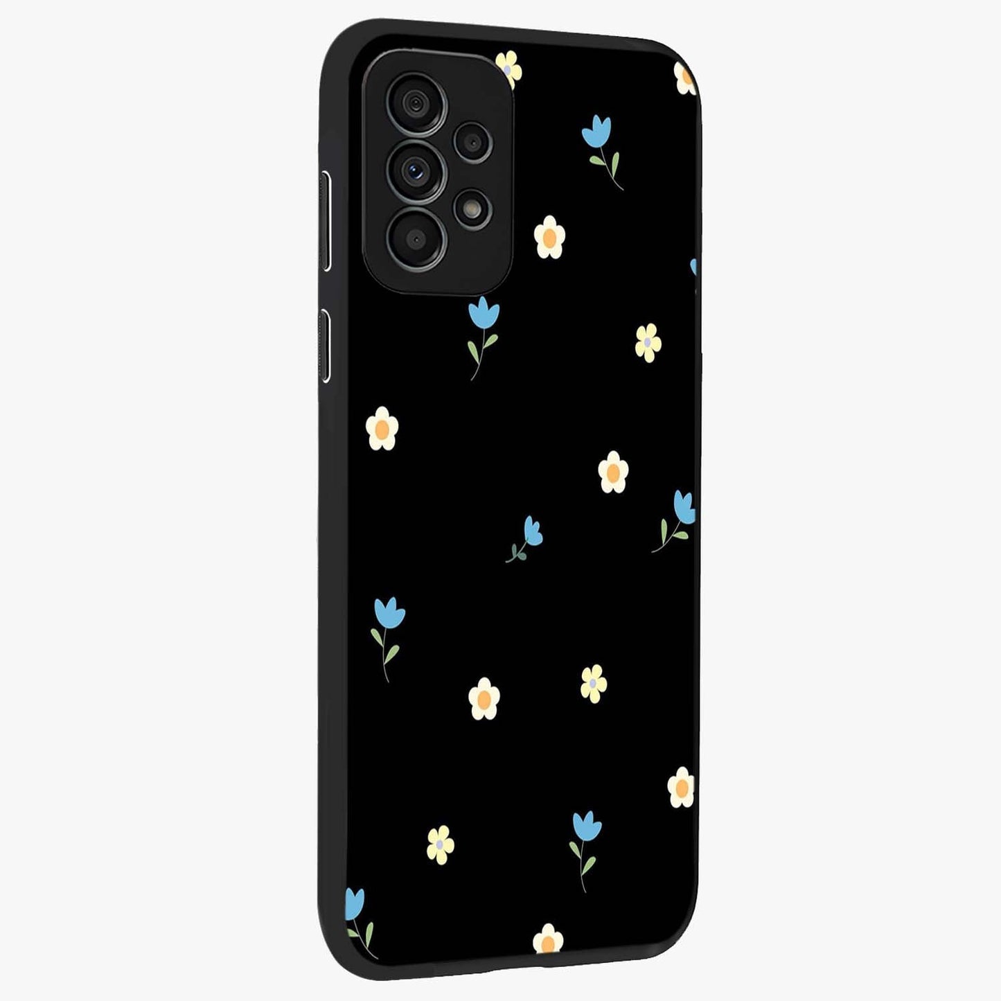 Minimal Petal Whispers Glass Case upright view showcasing elegant floral artwork with modern minimalist style.