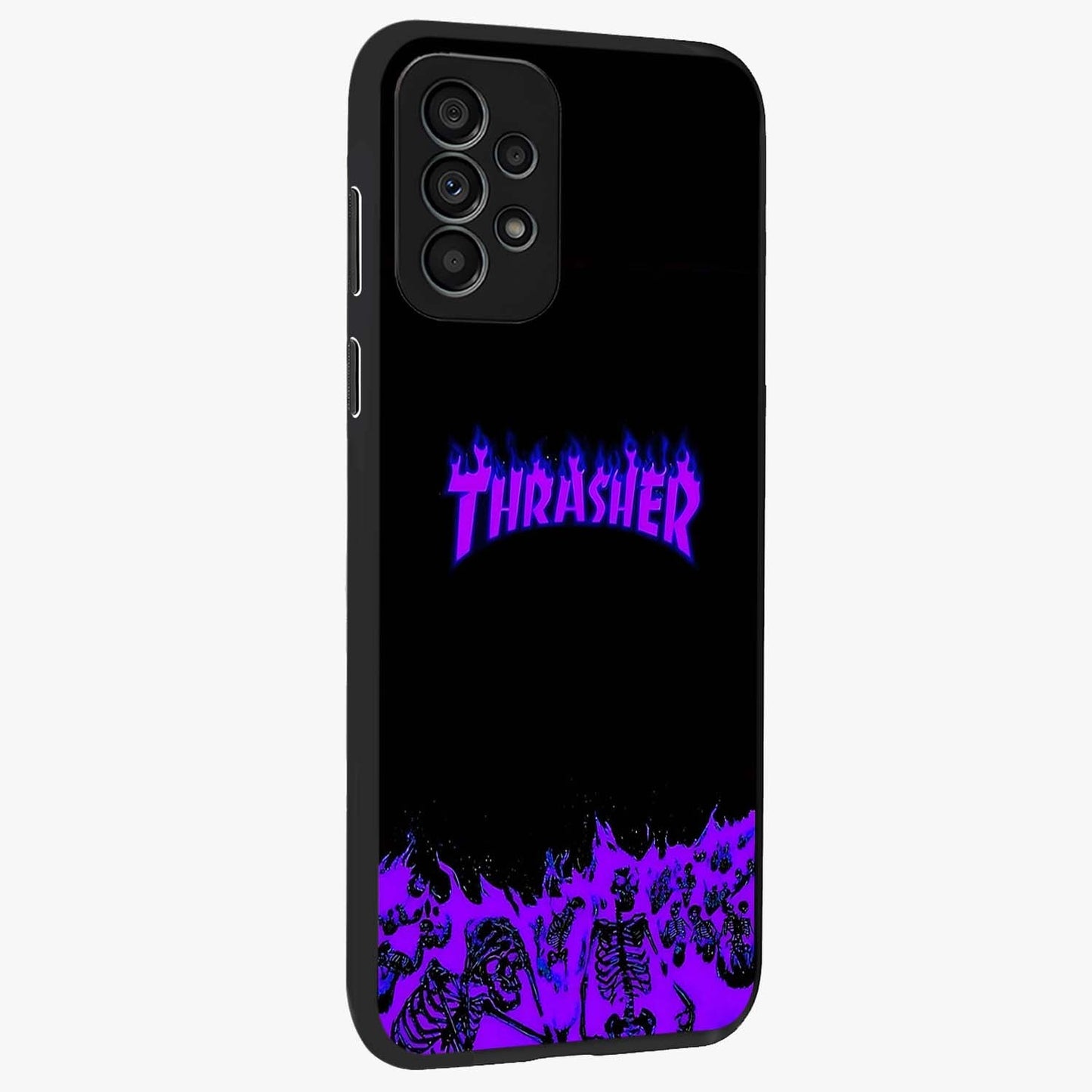 Neon Flame Riot Glass Case upright view showcasing dynamic flame artwork with energetic neon theme.