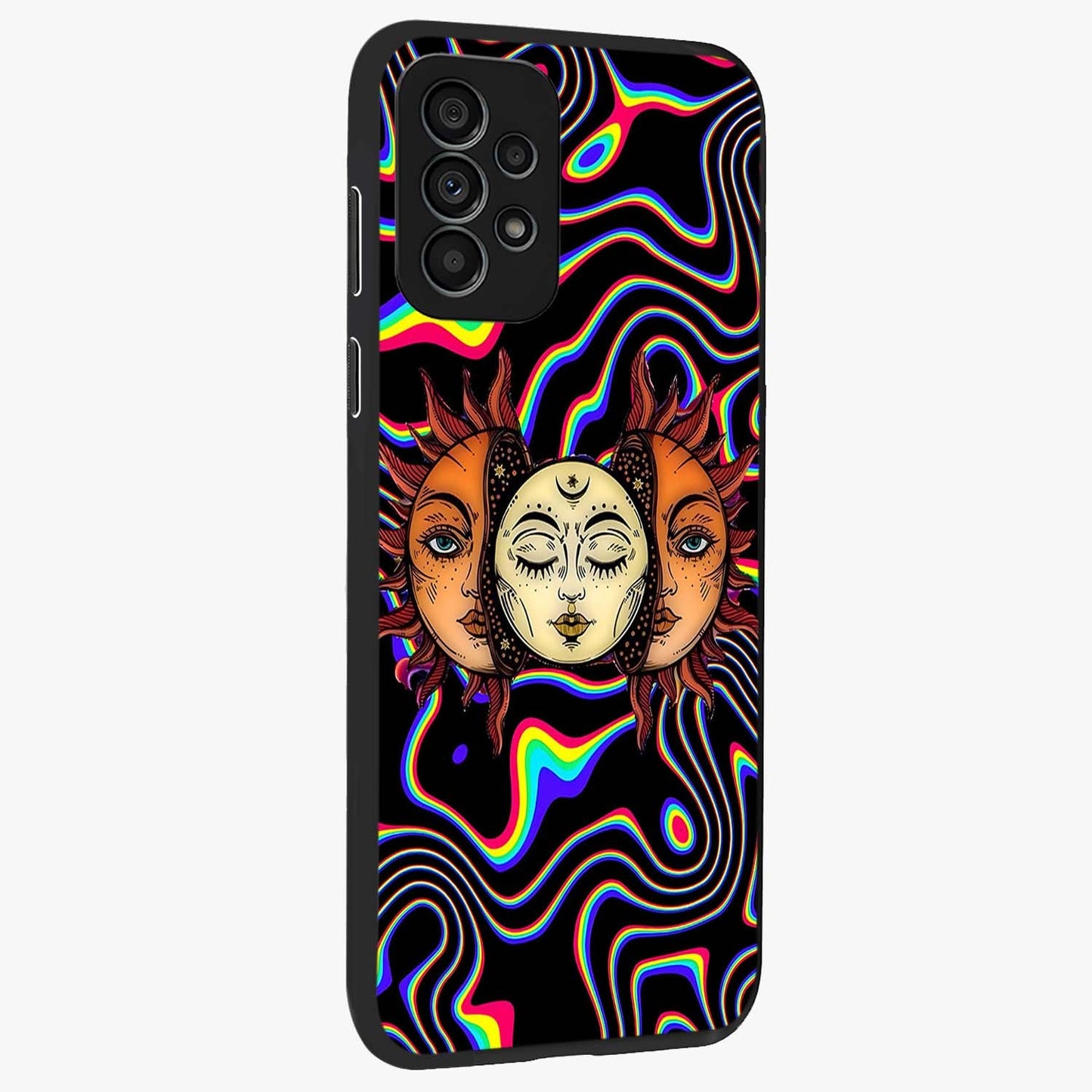 Psychedelic Sun Glass Case upright view showcasing trippy sun artwork with bold psychedelic theme.