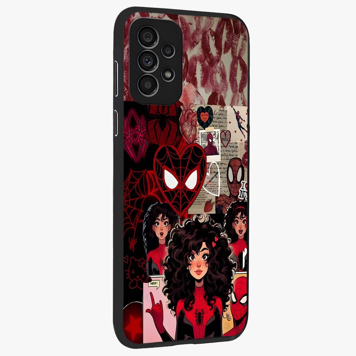 Spider Love Story Glass Case upright view showcasing charming superhero artwork with romantic comic theme.