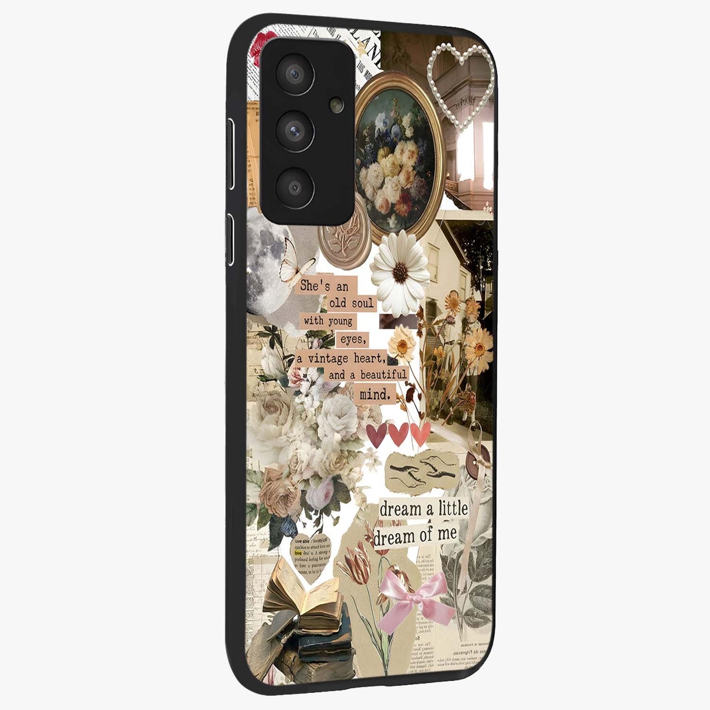 Aesthetic Brown Vintage Collage Glass Case upright view showcasing nostalgic retro artwork with stylish vintage theme.