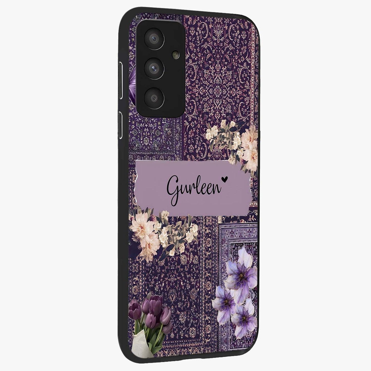 Antique Floral Whisper Custom Name Glass Case upright view showcasing delicate floral artwork with custom name feature.
