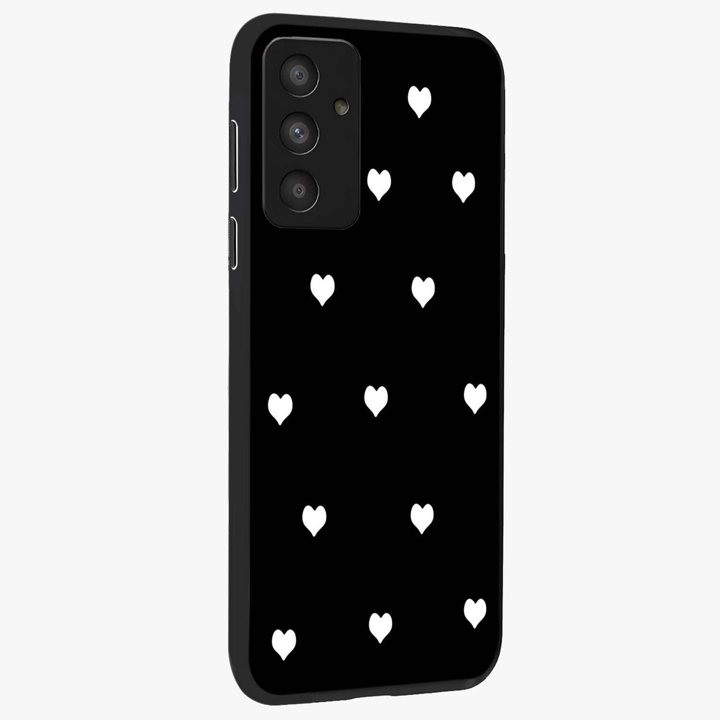 Cute And Simple White Hearts Glass Case upright view showcasing simple white hearts artwork with soft minimal theme.