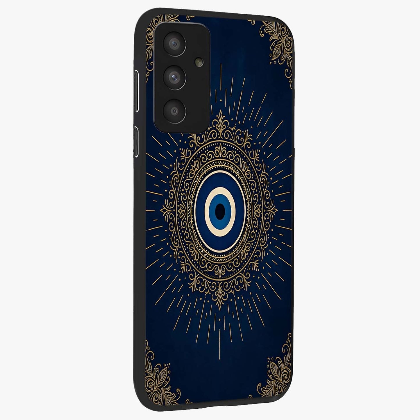 Golden Celestial Charm Glass Case upright view showcasing radiant celestial artwork with elegant golden theme.