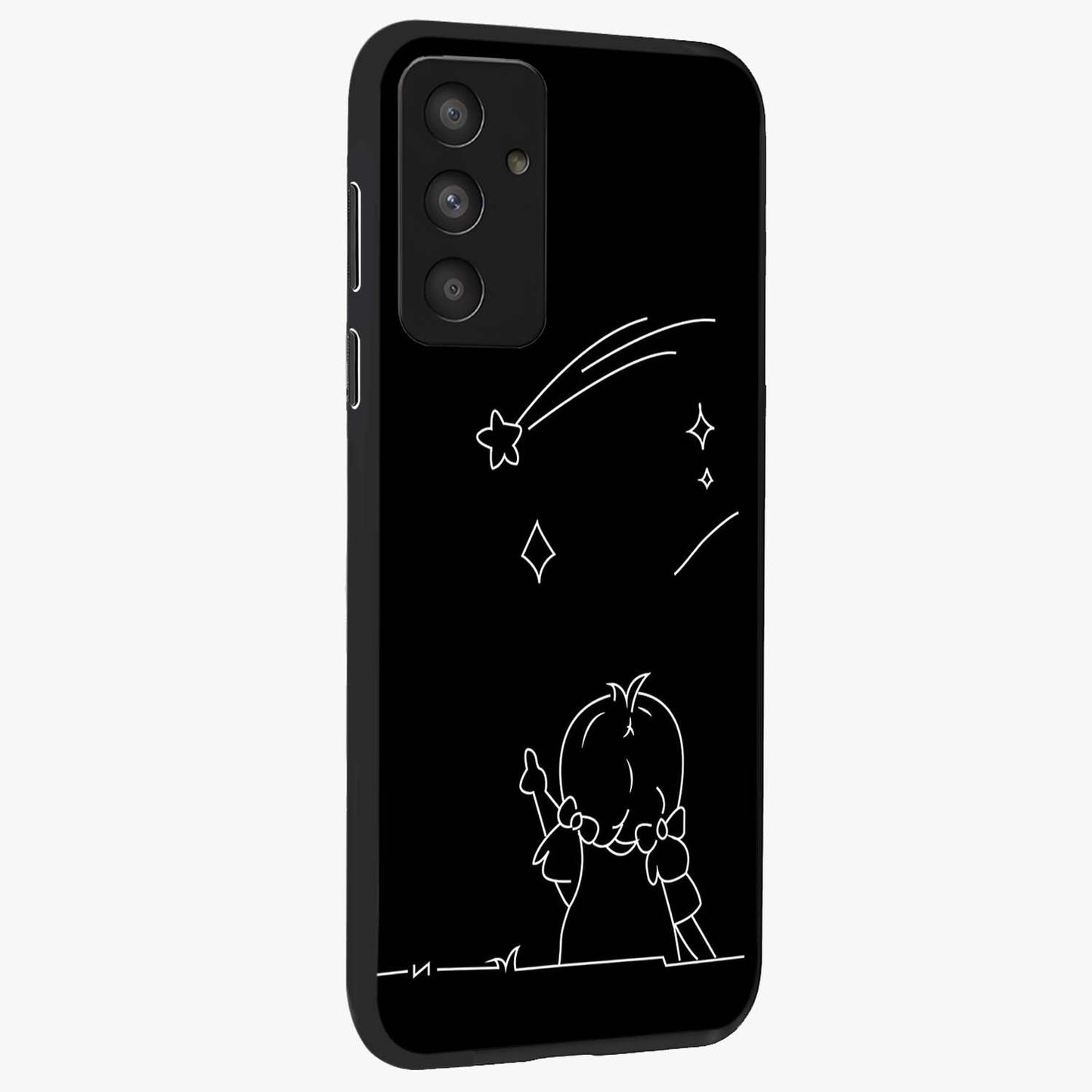 Line Art Girl With Shooting Stars Glass Case upright view showcasing delicate shooting stars artwork with minimal artistic theme.