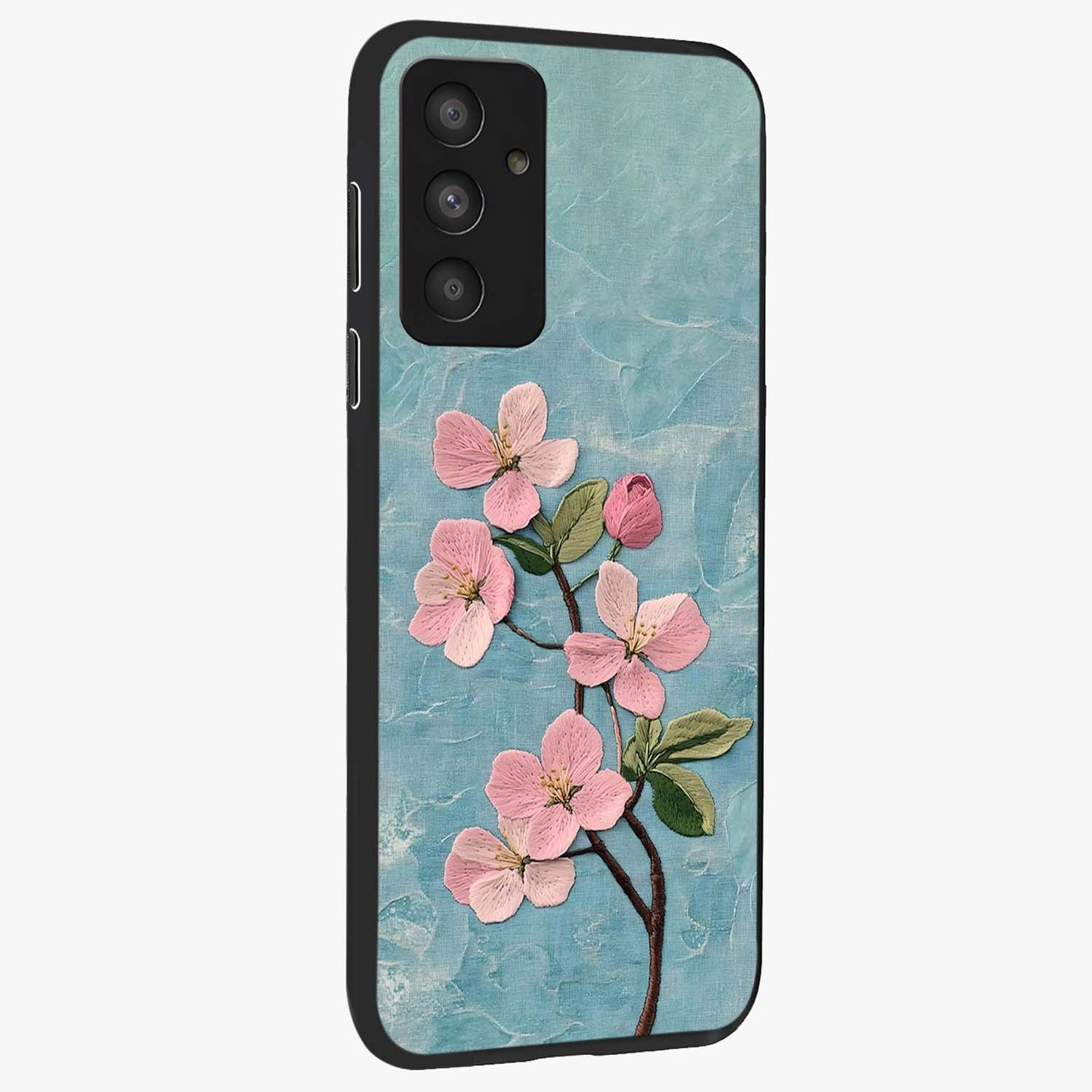 Threaded Blossom Breeze Glass Case upright view showcasing graceful flower artwork with calm botanical theme.