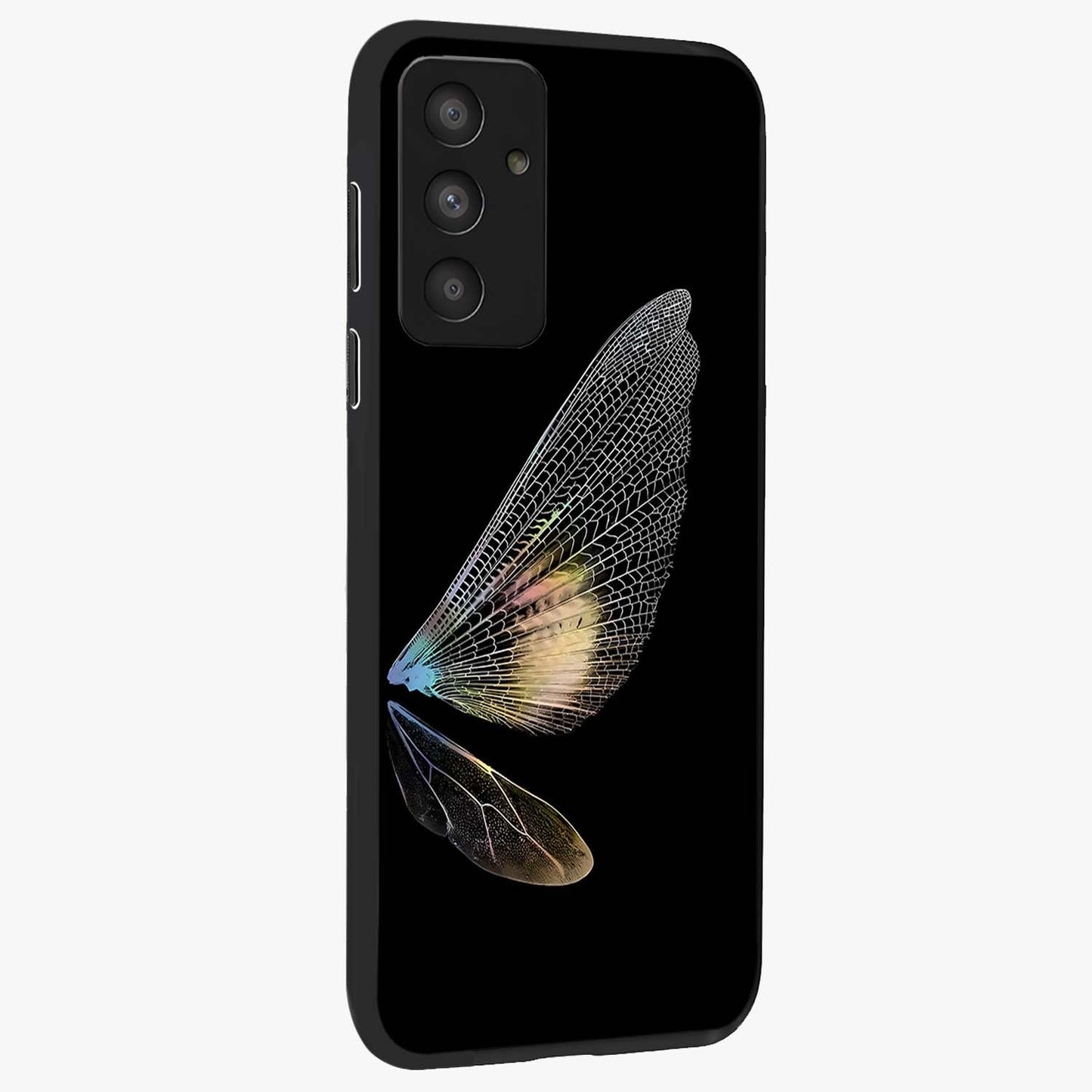 Whispers Of Wings Glass Case upright view showcasing elegant wing artwork with light airy theme.