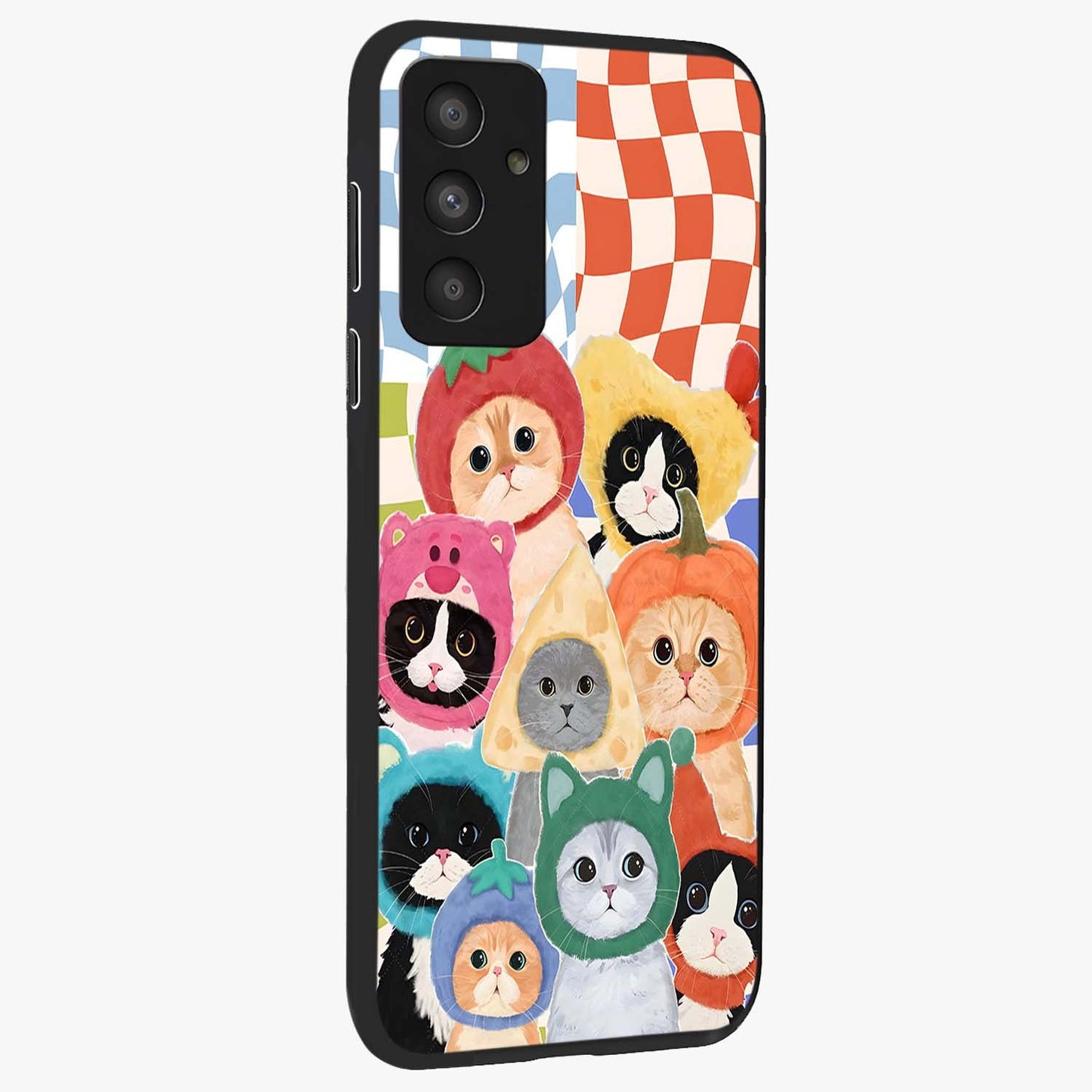 Cats in Fruits Glass Case upright view showcasing charming cat artwork with fun fruity theme.