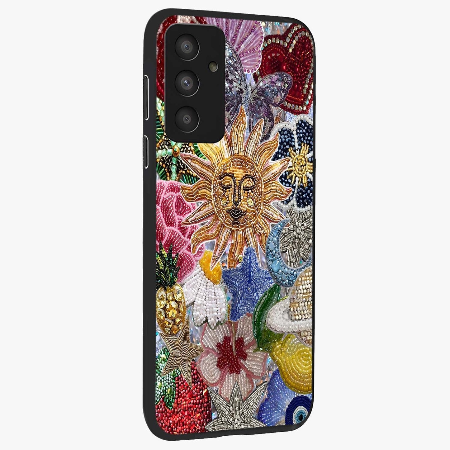 Celestial Floral and Playful Glass Case upright view showcasing whimsical floral artwork with cosmic aesthetic theme.