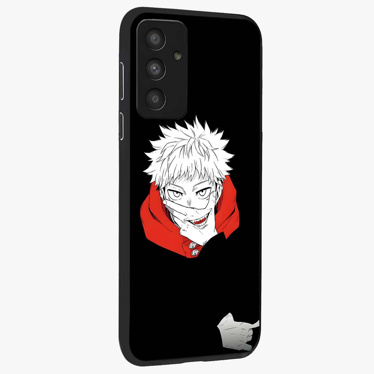 Crimson Chaos Smile Glass Case upright view showcasing expressive chaotic artwork with striking visual theme.