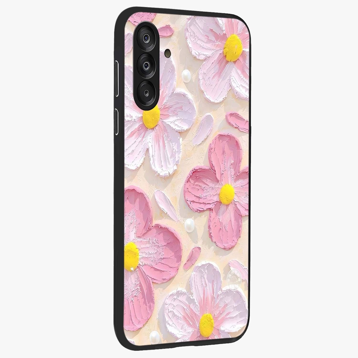 Blush Bloom Texture Glass Case upright view showcasing delicate blush floral texture with modern minimal style.