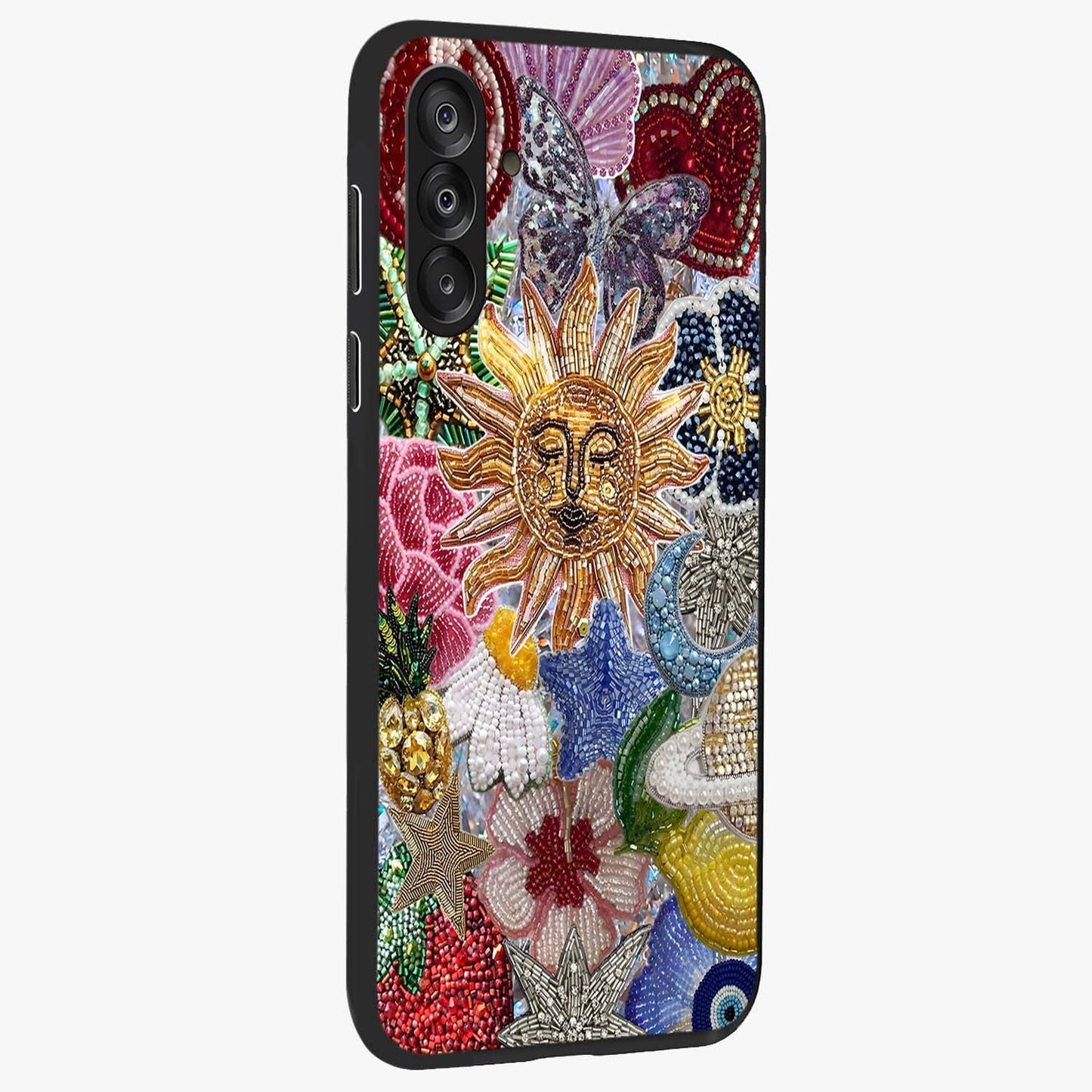 Celestial Floral and Playful Glass Case upright view showcasing whimsical floral artwork with cosmic aesthetic theme.