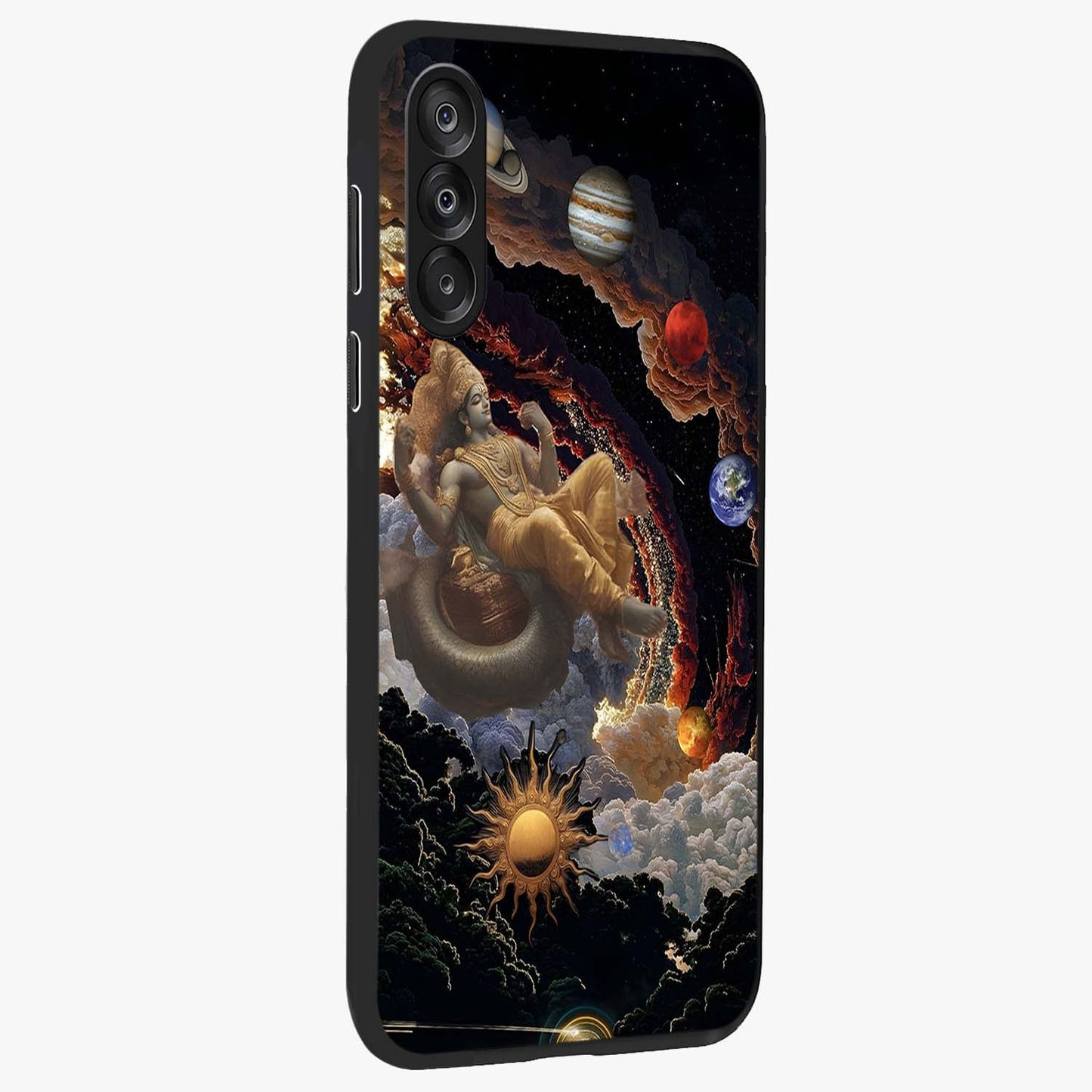 Galactic Divine God Glass Case upright view showcasing mystical divine artwork with dramatic cosmic theme.