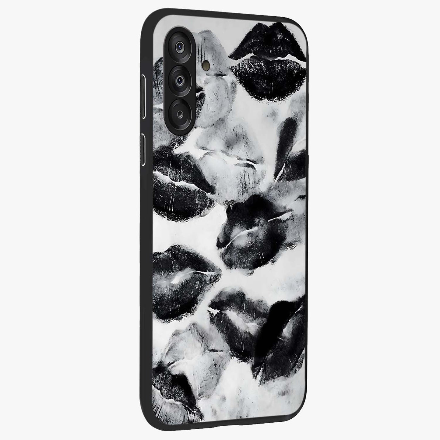 Midnight Kiss Marks Glass Case upright view showcasing stylish kiss mark artwork with trendy romantic theme.