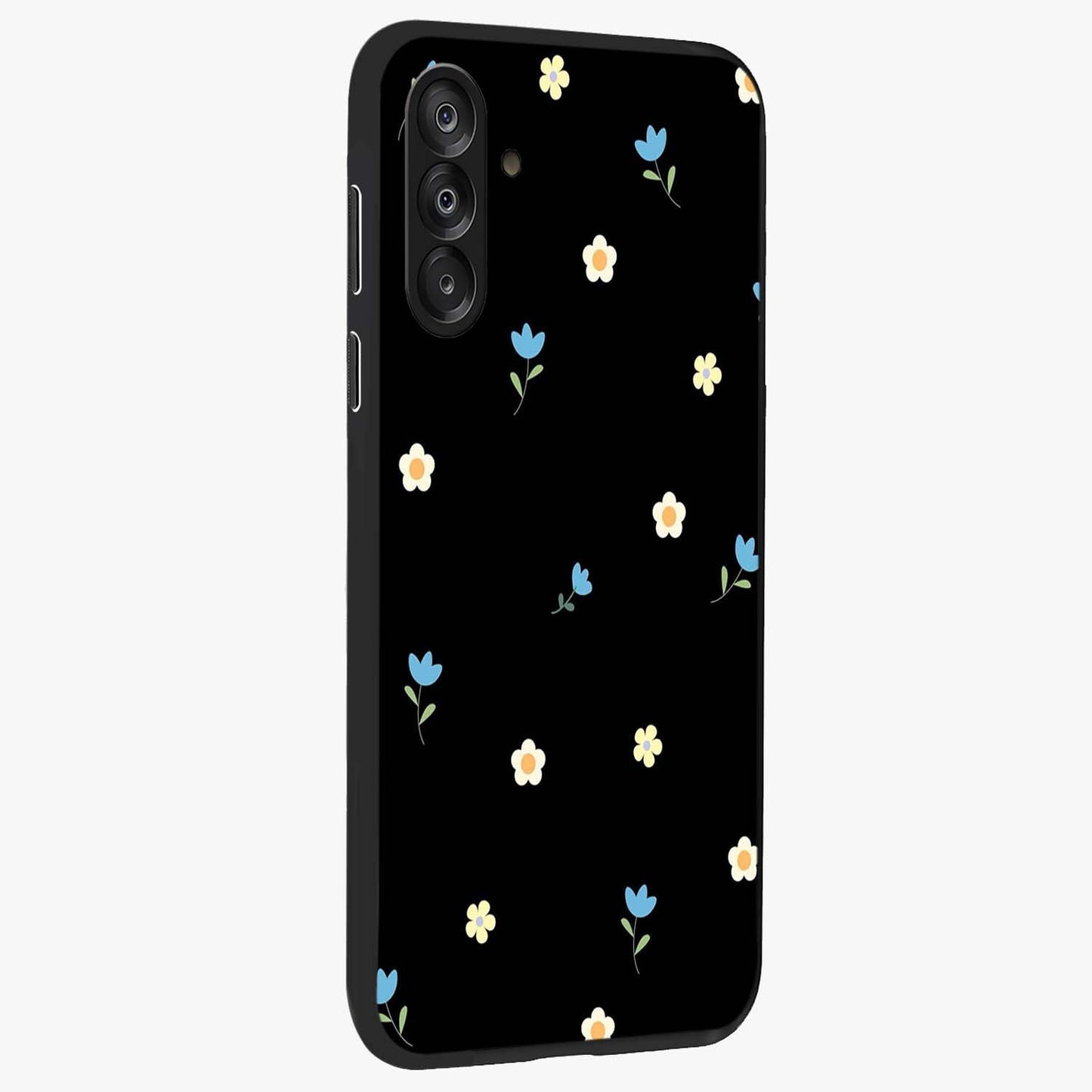 Minimal Petal Whispers Glass Case upright view showcasing elegant floral artwork with modern minimalist style.