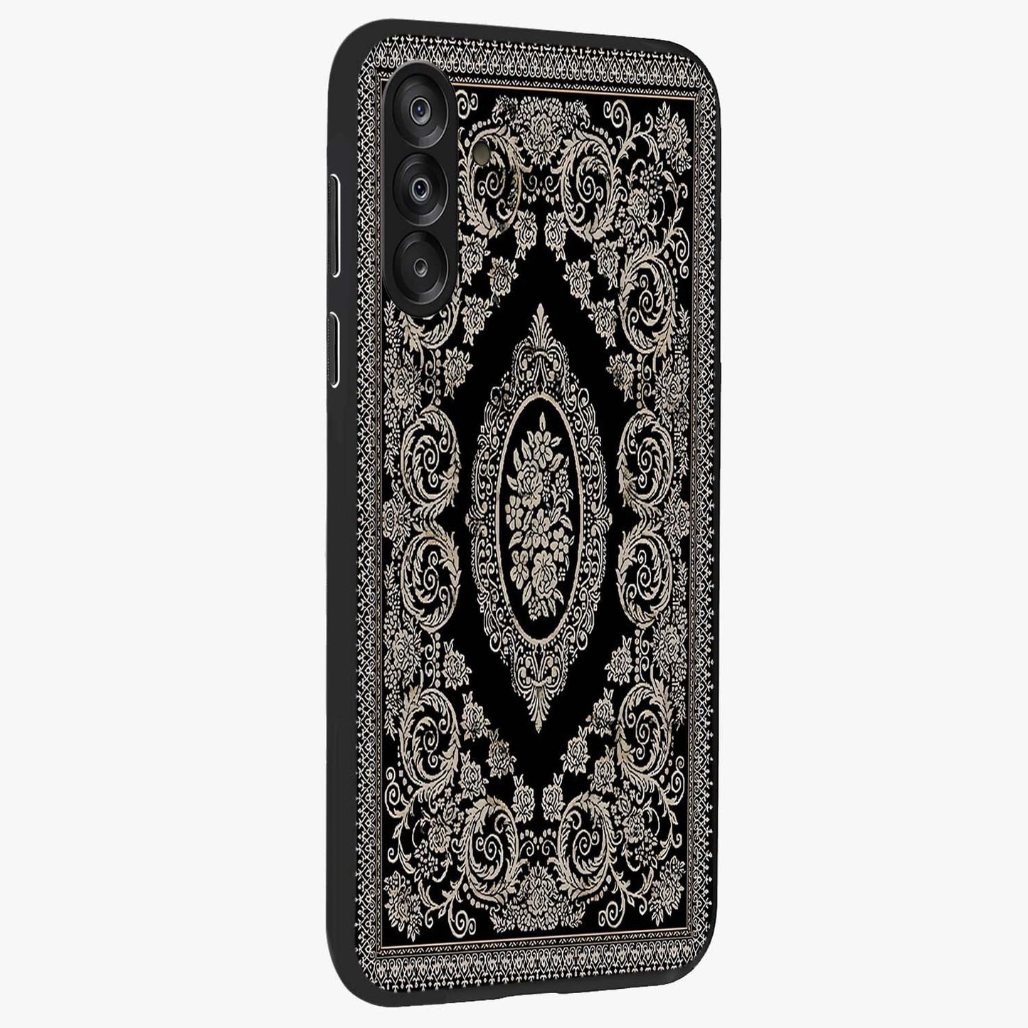 Noir Bloom Elegance Glass Case upright view showcasing graceful floral artwork with luxurious dark theme.