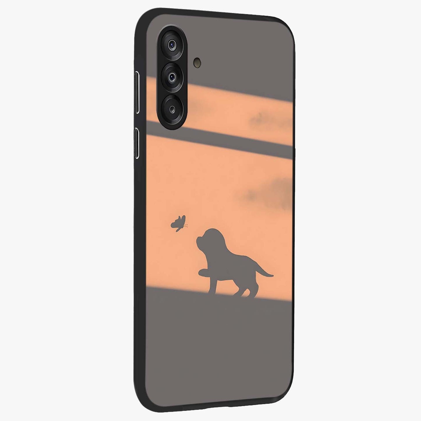 Puppy Shadow Art Glass Case upright view showcasing charming puppy artwork with creative silhouette theme.