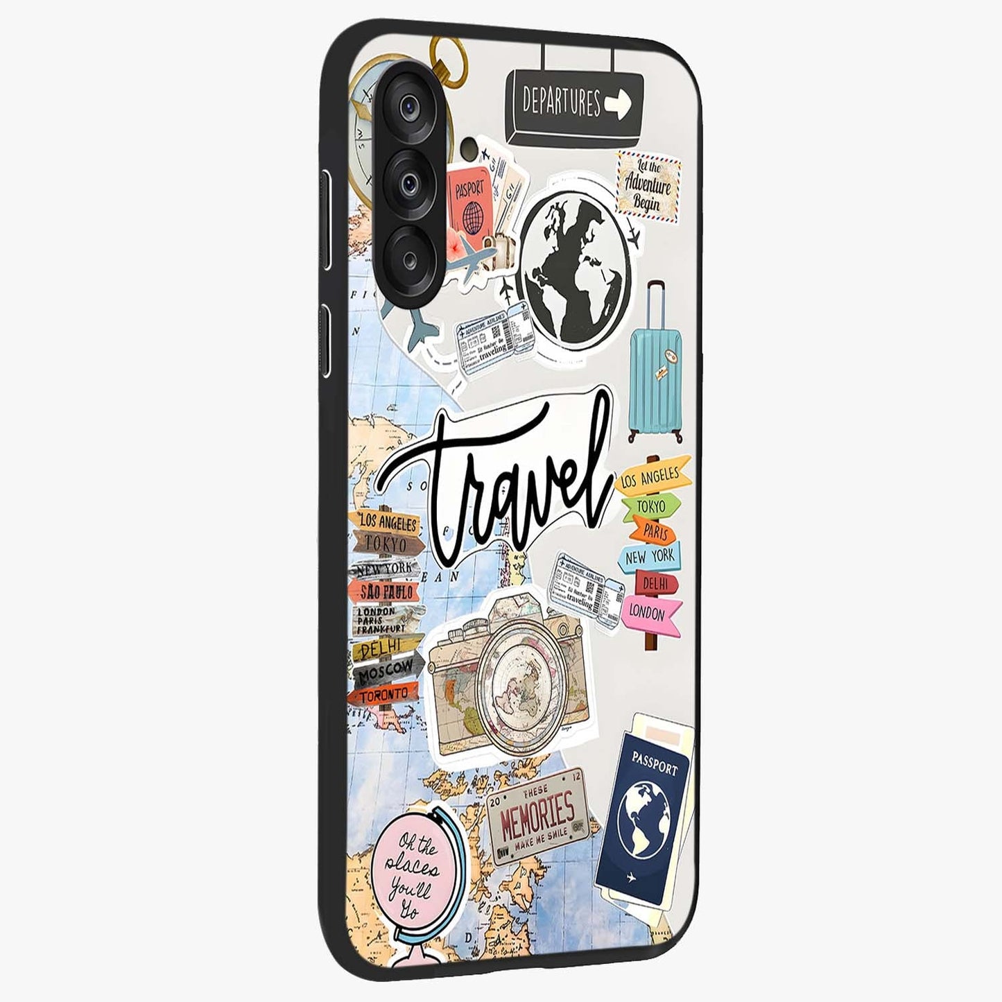 Wanderlust Journal Glass Case upright view showcasing wanderlust inspired artwork with creative exploration theme.