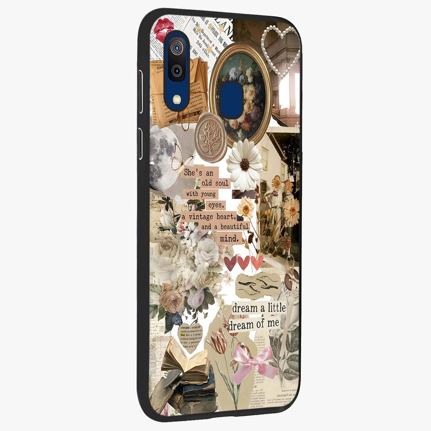 Aesthetic Brown Vintage Collage Glass Case upright view showcasing nostalgic retro artwork with stylish vintage theme.
