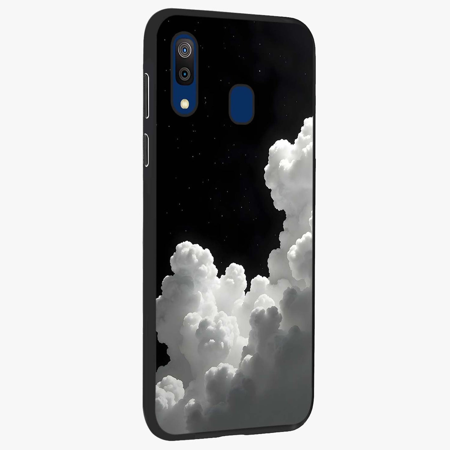 Black Background With White Cloud Glass Case upright view showcasing calm cloud aesthetic with modern minimal style.