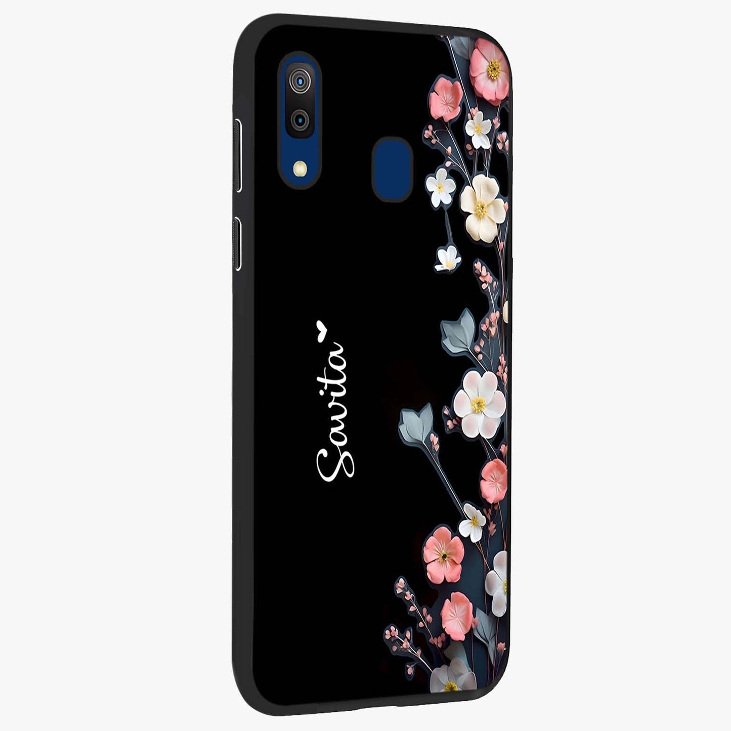 Black Elegance Floral Custom Name Glass Case upright view showcasing luxurious black floral design with personalized name detail.