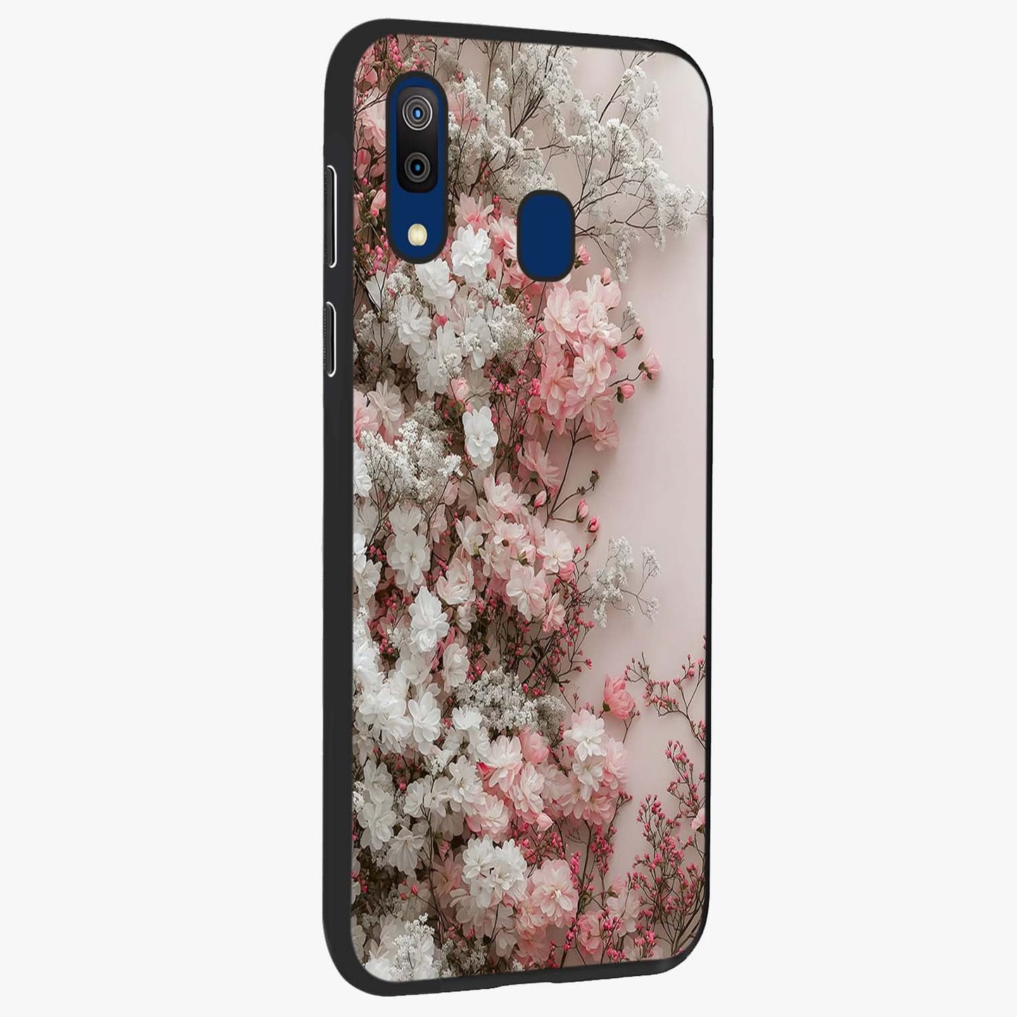 Blush Blossom Cloud Glass Case upright view showcasing calm floral cloud artwork with gentle dreamy theme.