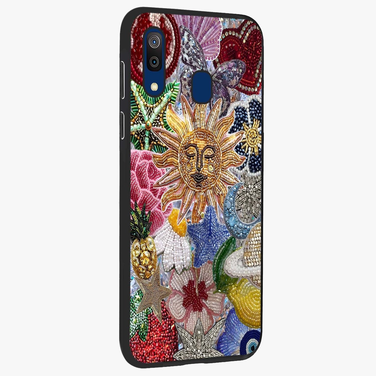 Celestial Floral and Playful Glass Case upright view showcasing whimsical floral artwork with cosmic aesthetic theme.