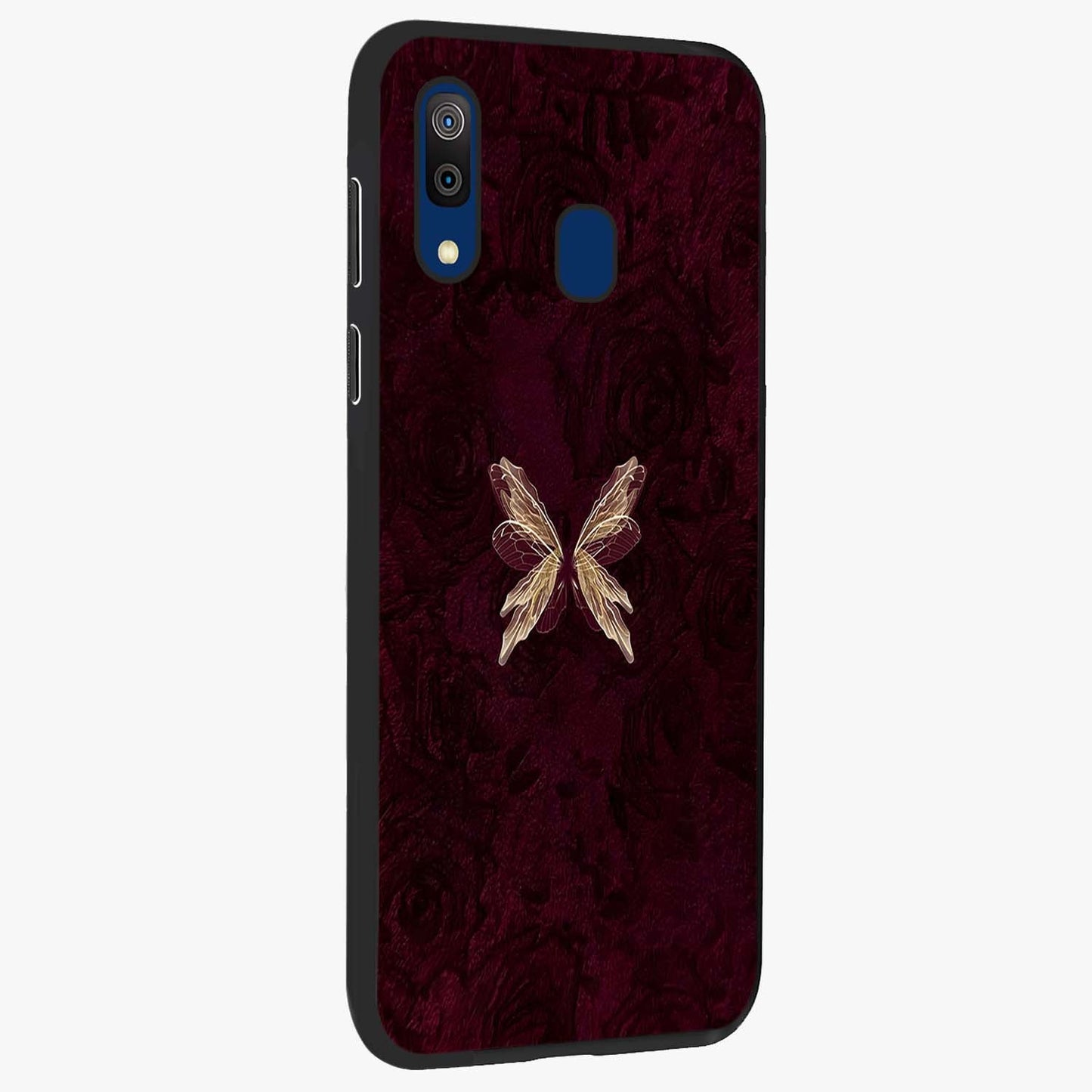 Crimson Fade Butterfly Glass Case upright view showcasing graceful butterfly artwork with soft crimson fade effect.