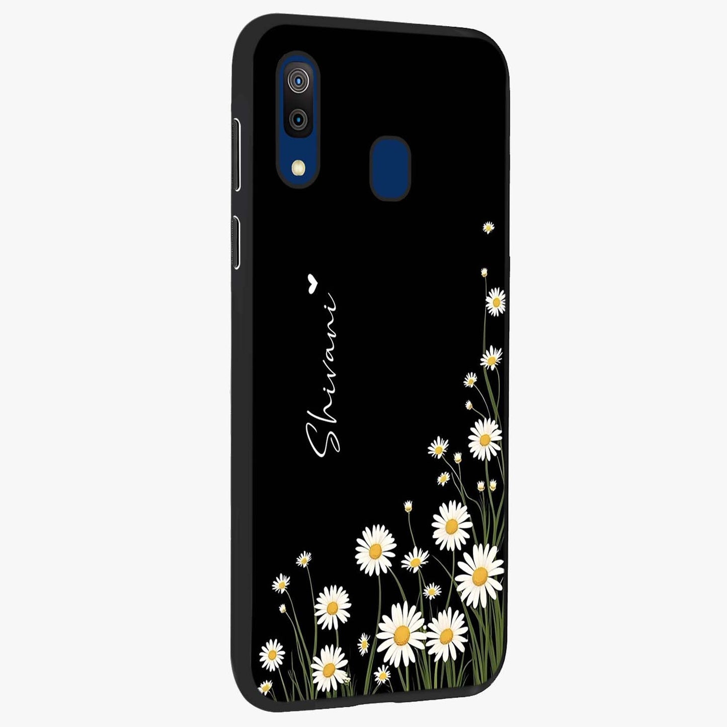Daisy Cascade Custom Name Glass Case upright view showcasing elegant floral cascade design with personalized aesthetic.