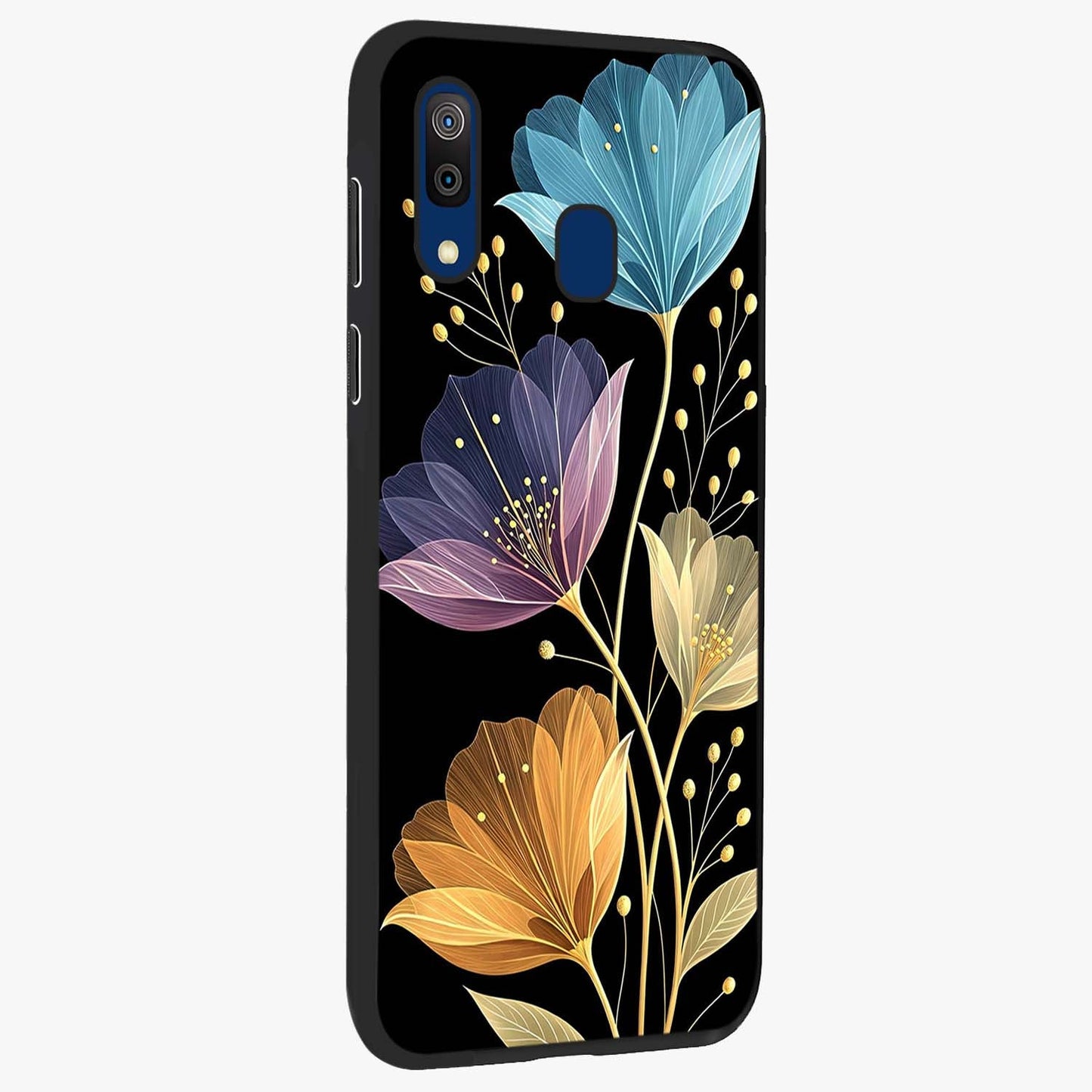 Delicate Multicolor Flowers Glass Case upright view showcasing delicate floral artwork with bright botanical theme.