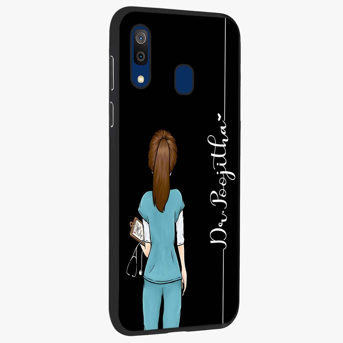 Doctor Pattern Custom Name Glass Case upright view showcasing healthcare themed design with personalized aesthetic.