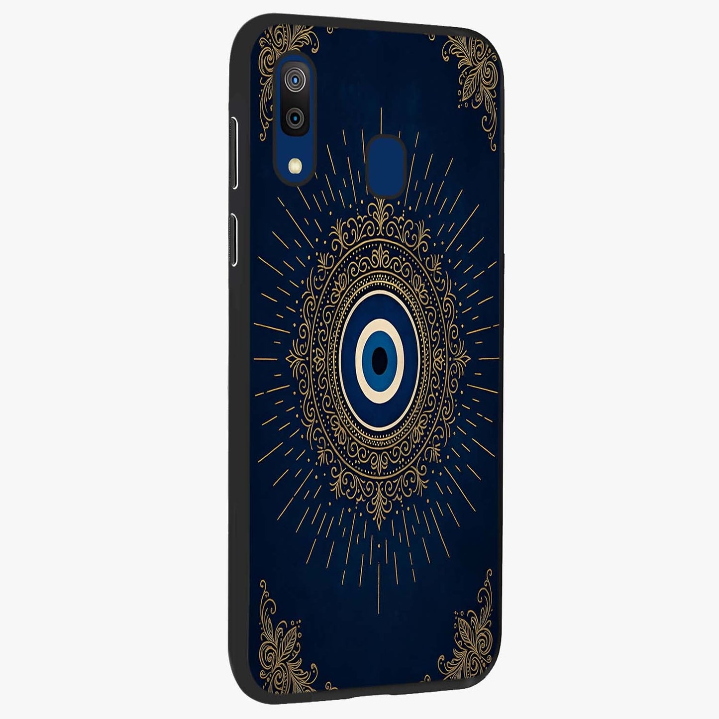 Golden Celestial Charm Glass Case upright view showcasing radiant celestial artwork with elegant golden theme.