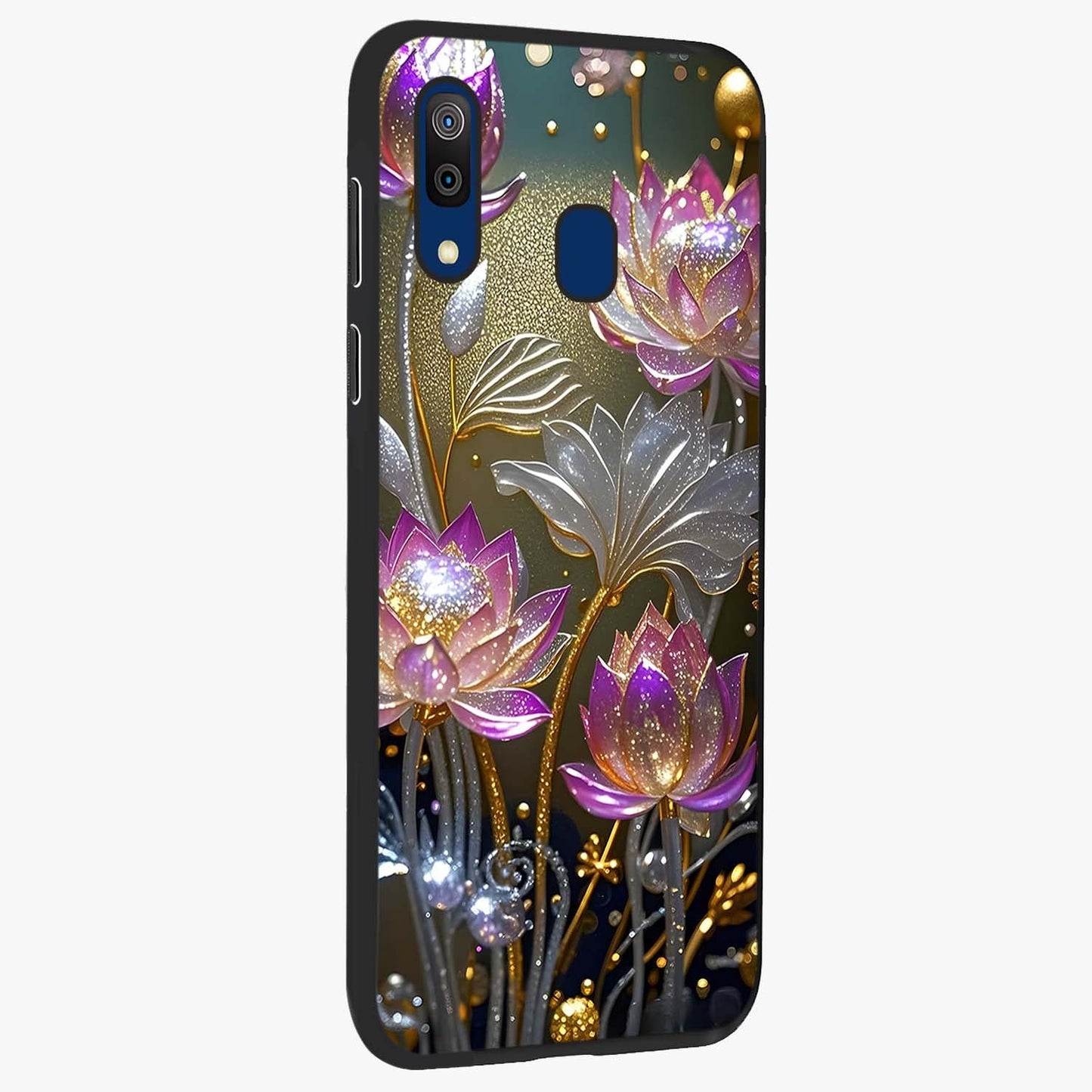 Golden Floral Majesty Glass Case upright view showcasing majestic floral artwork with rich decorative theme.