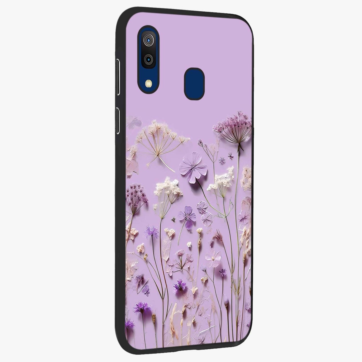 Lavender Blossom Dream Glass Case upright view showcasing delicate lavender blossom artwork with peaceful floral theme.