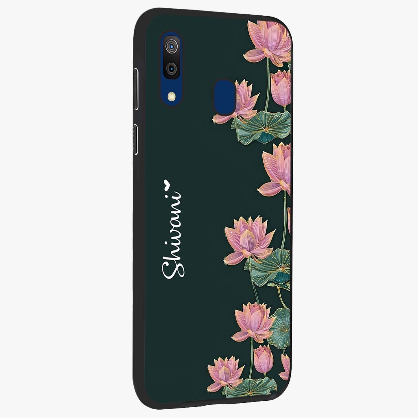 Lotus Bloom Serenity Custom Name Glass Case upright view showcasing serene lotus bloom artwork with personalized floral aesthetic.