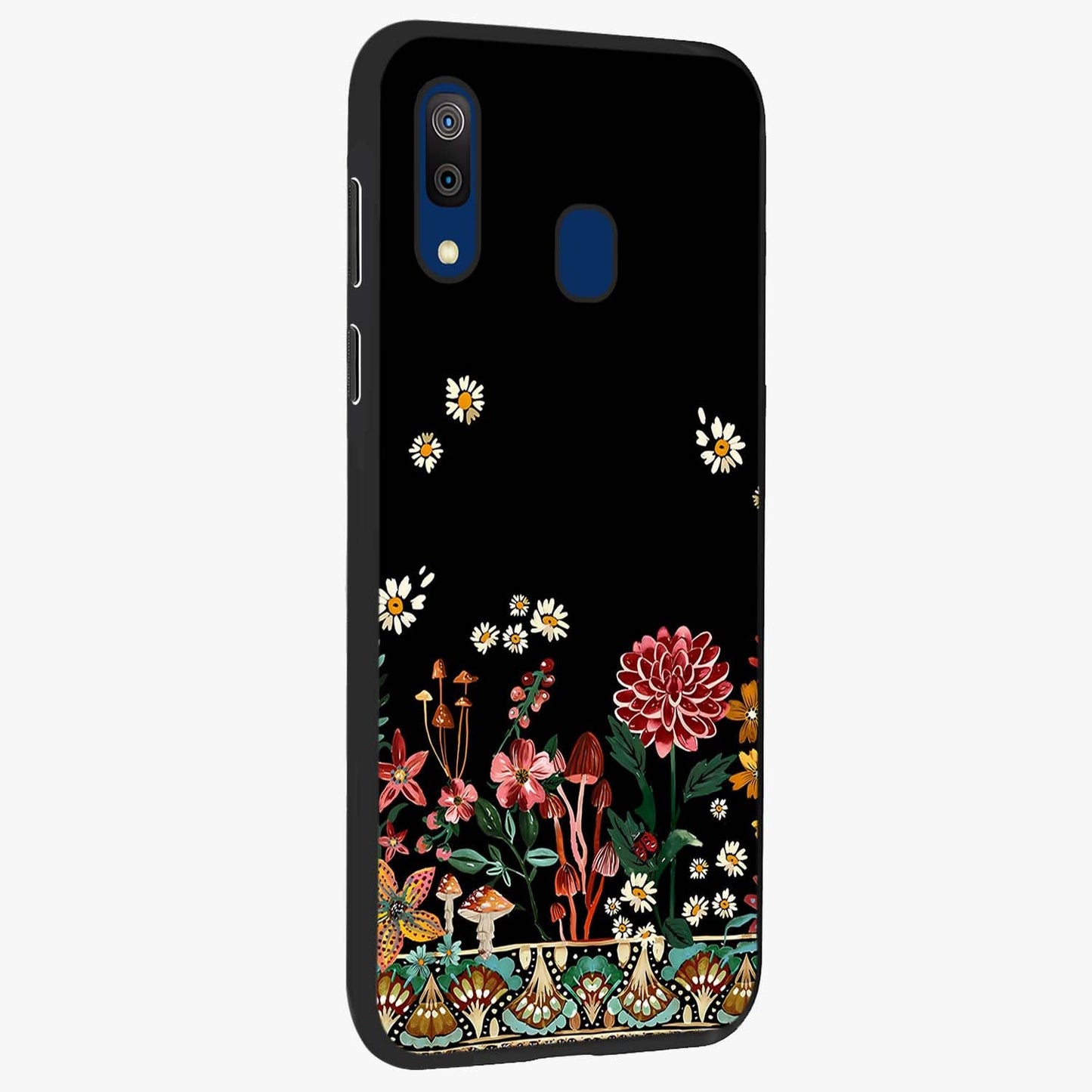 Midnight Bloom Pattern Glass Case upright view showcasing decorative floral artwork with deep night themed palette.