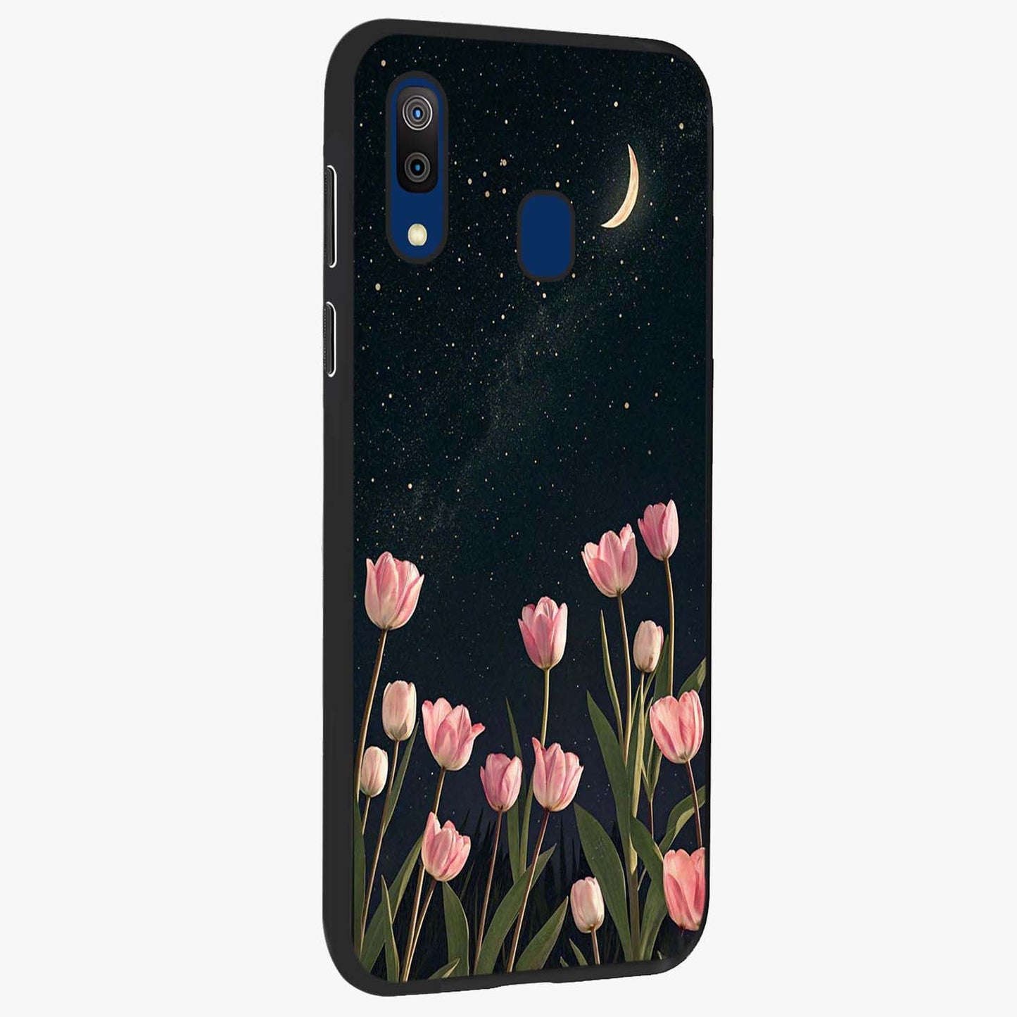 Midnight Tulip Whispers Vibe Glass Case upright view showcasing graceful tulip artwork with calm botanical theme.
