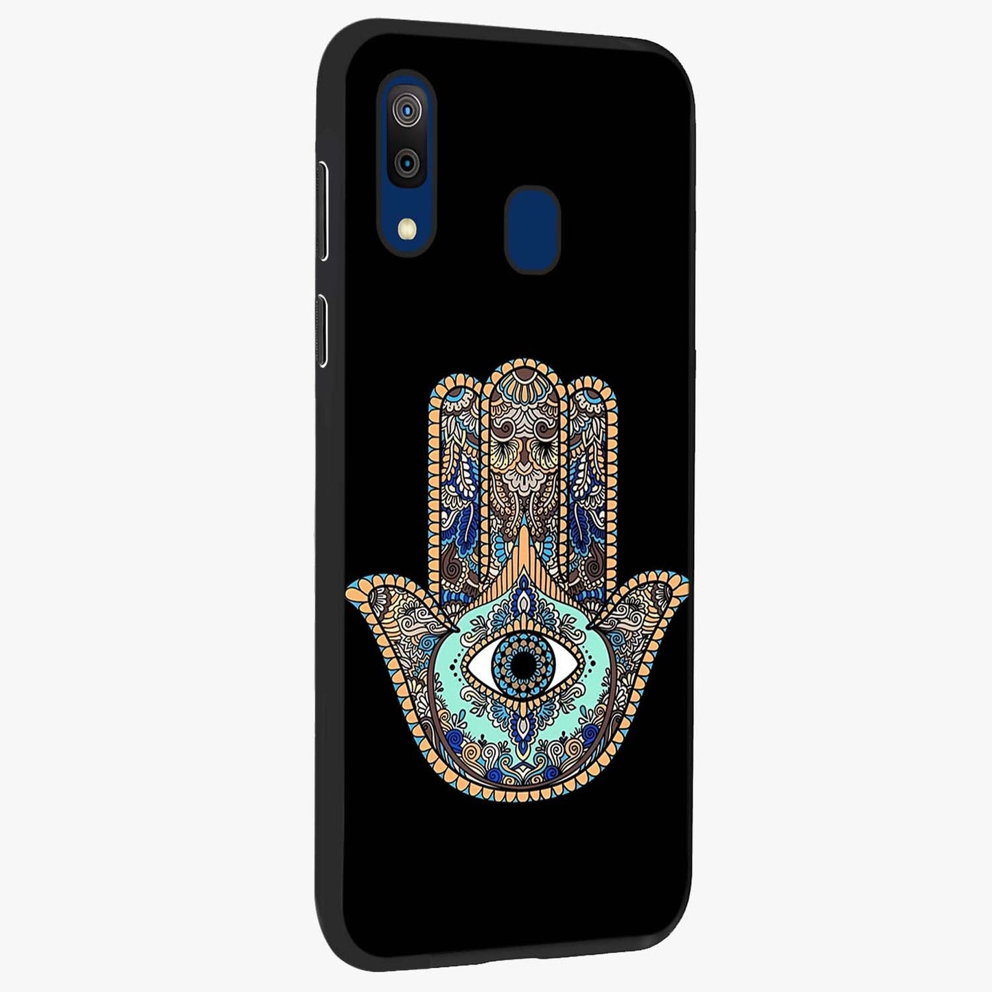 Mystic Hamsa Eye Glass Case upright view showcasing detailed hamsa eye artwork with protective spiritual theme.