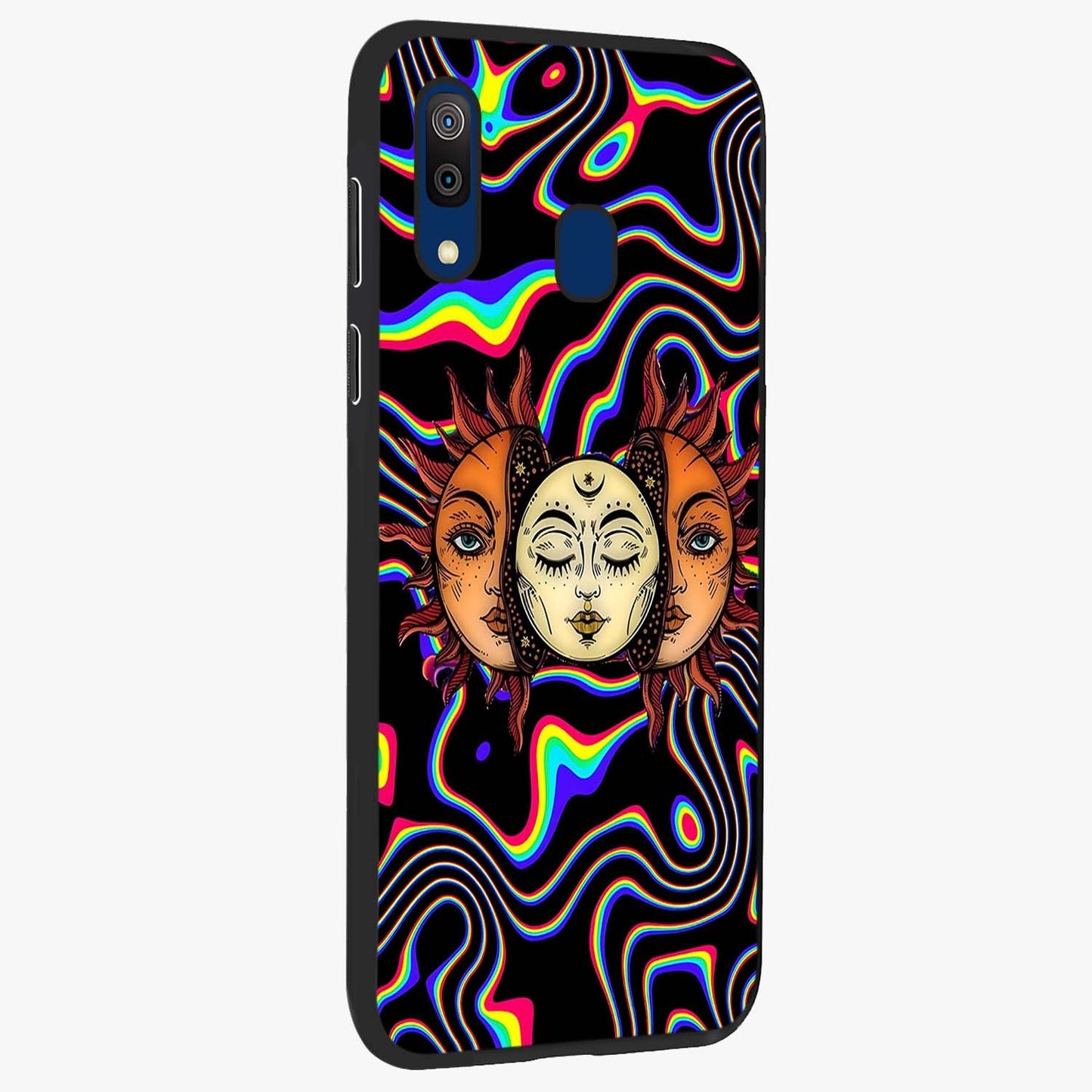 Psychedelic Sun Glass Case upright view showcasing trippy sun artwork with bold psychedelic theme.
