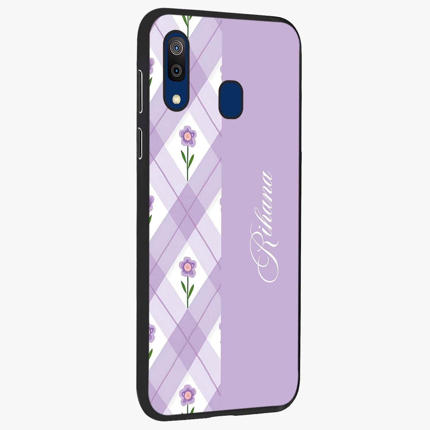Purple Diamond Floral Glass Case upright view showcasing vibrant floral artwork with stylish geometric theme.