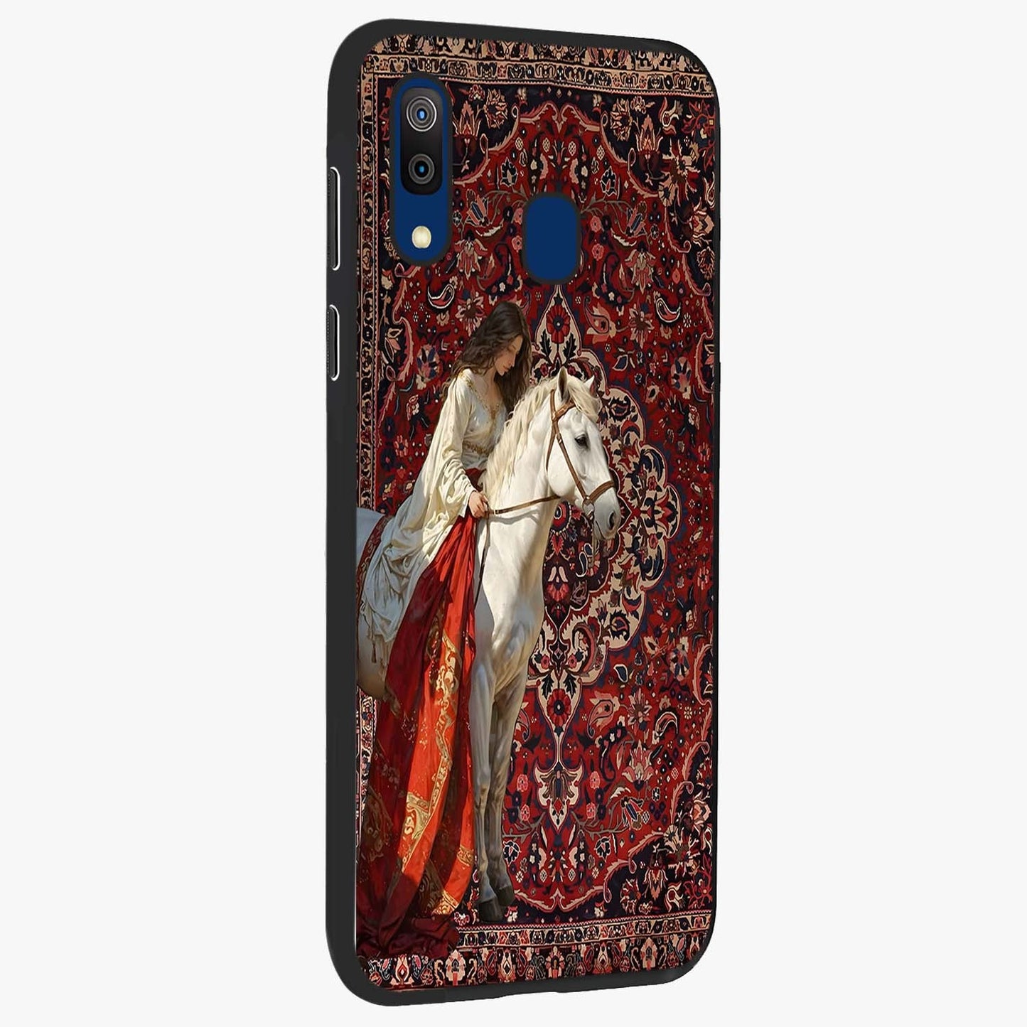Royal Rider Tapestry Glass Case upright view showcasing detailed rider artwork with classic tapestry theme.