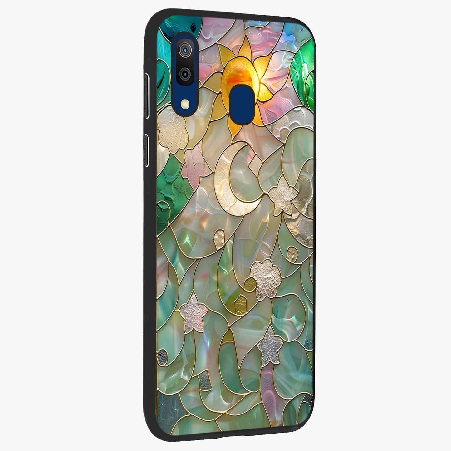Stained Sunrise Glow Glass Case upright view showcasing colorful sunrise artwork with warm morning theme.