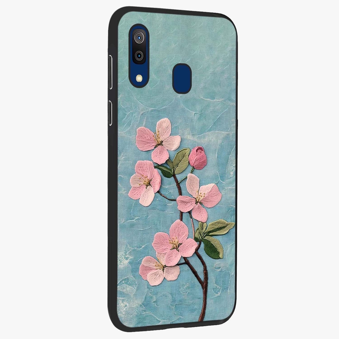 Threaded Blossom Breeze Glass Case upright view showcasing graceful flower artwork with calm botanical theme.