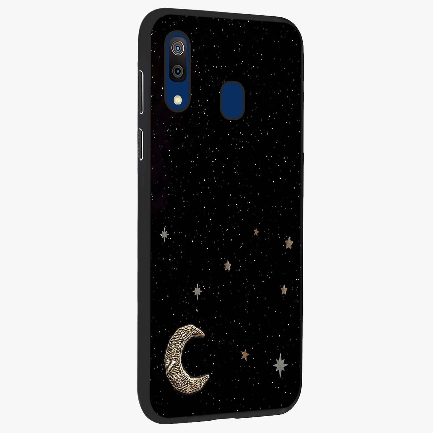 Twinkle Star With Half Moon Glass Case upright view showcasing glowing cosmic artwork with dreamy night theme.