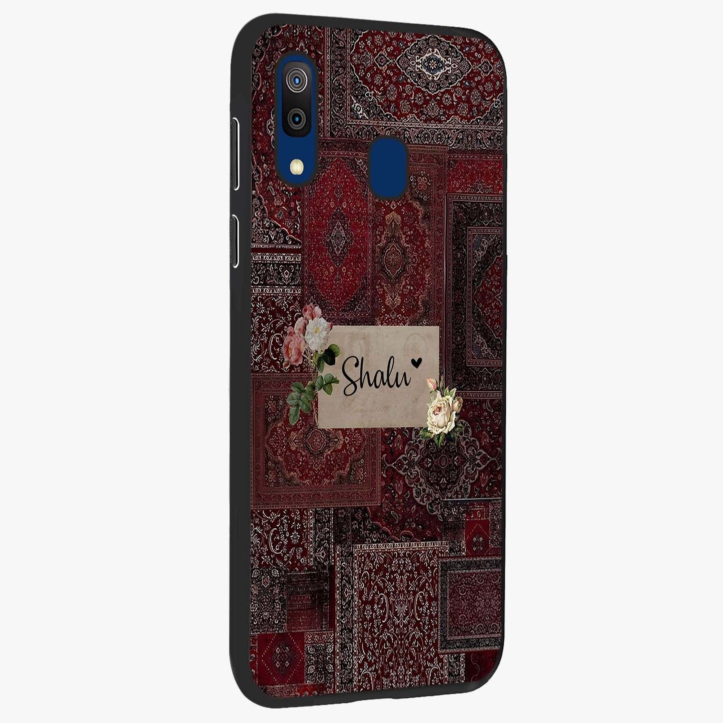Velvet Wine Pattern Custom Name Glass Case upright view showcasing luxurious wine toned artwork with personalized aesthetic.