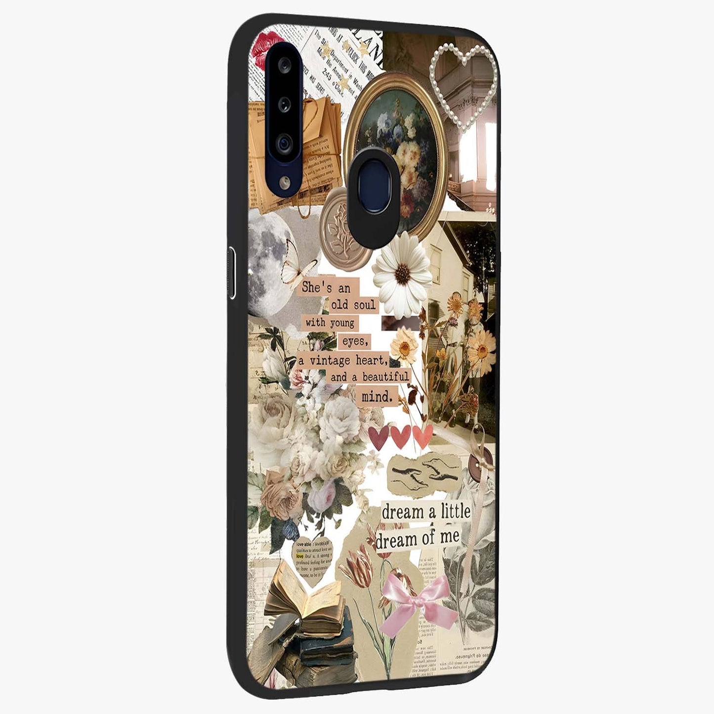 Aesthetic Brown Vintage Collage Glass Case upright view showcasing nostalgic retro artwork with stylish vintage theme.