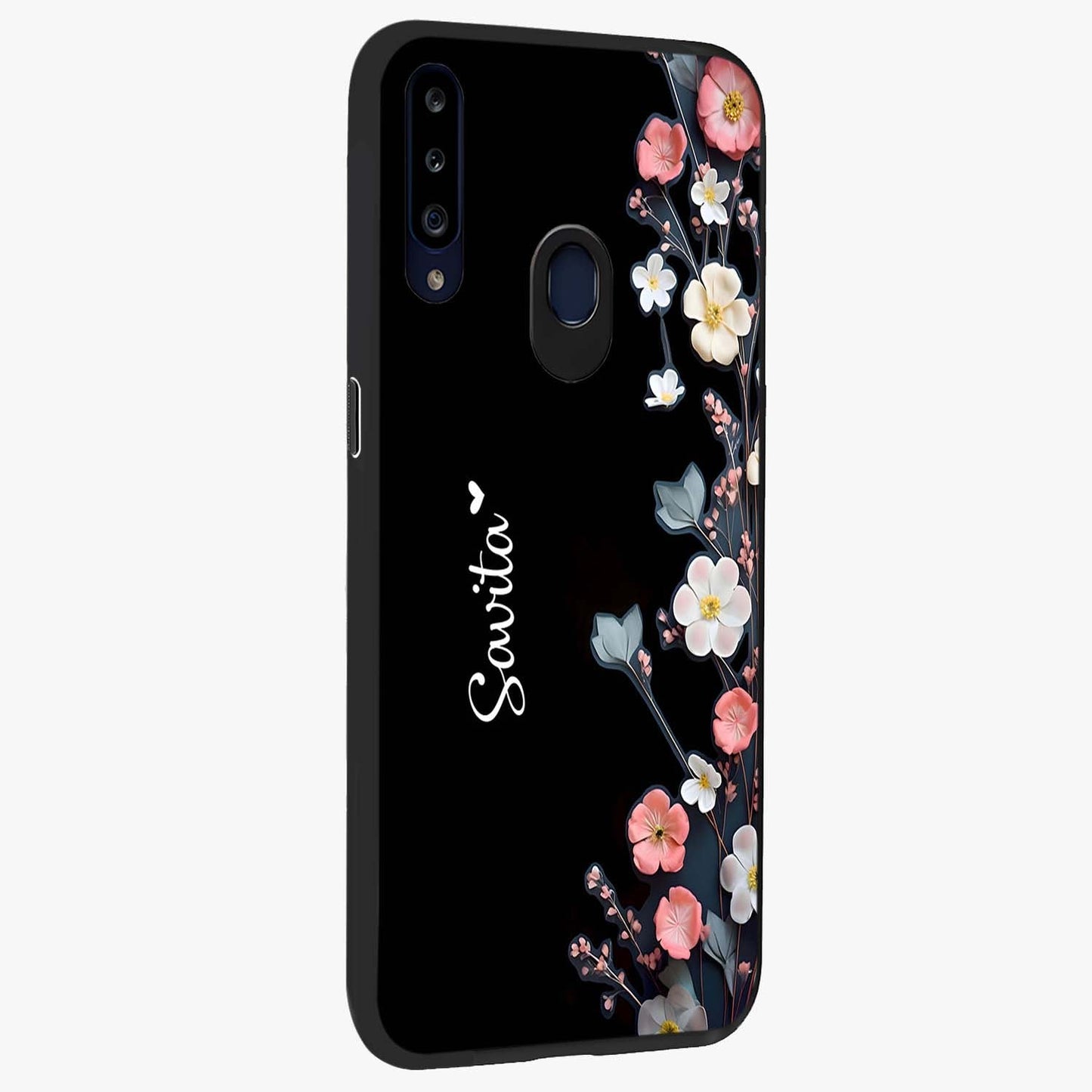 Black Elegance Floral Custom Name Glass Case upright view showcasing luxurious black floral design with personalized name detail.