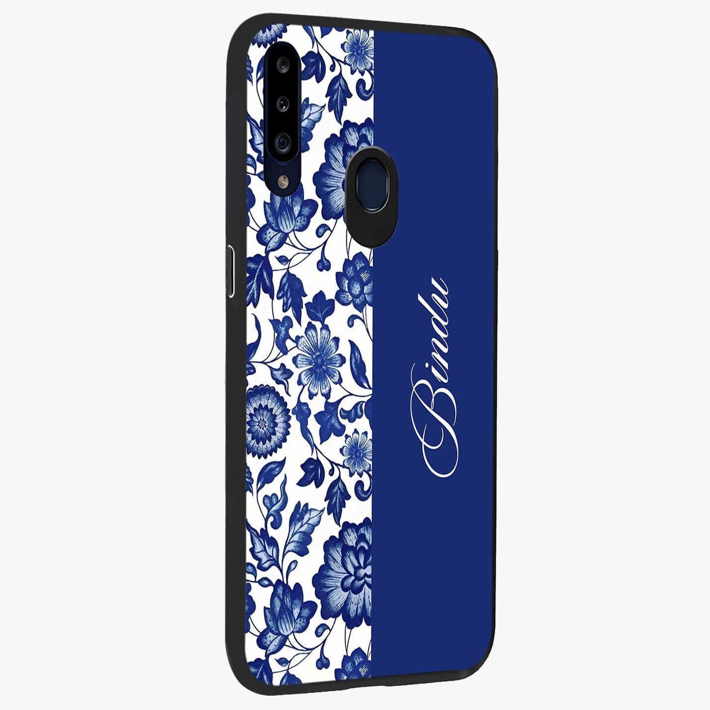 Blue Vintage Floral Pattern Glass Case upright view showcasing delicate blush floral texture with modern minimal style.