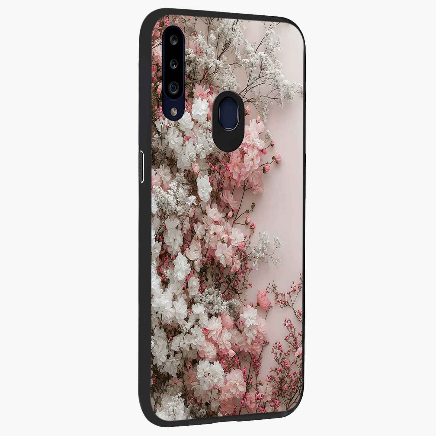 Blush Blossom Cloud Glass Case upright view showcasing calm floral cloud artwork with gentle dreamy theme.
