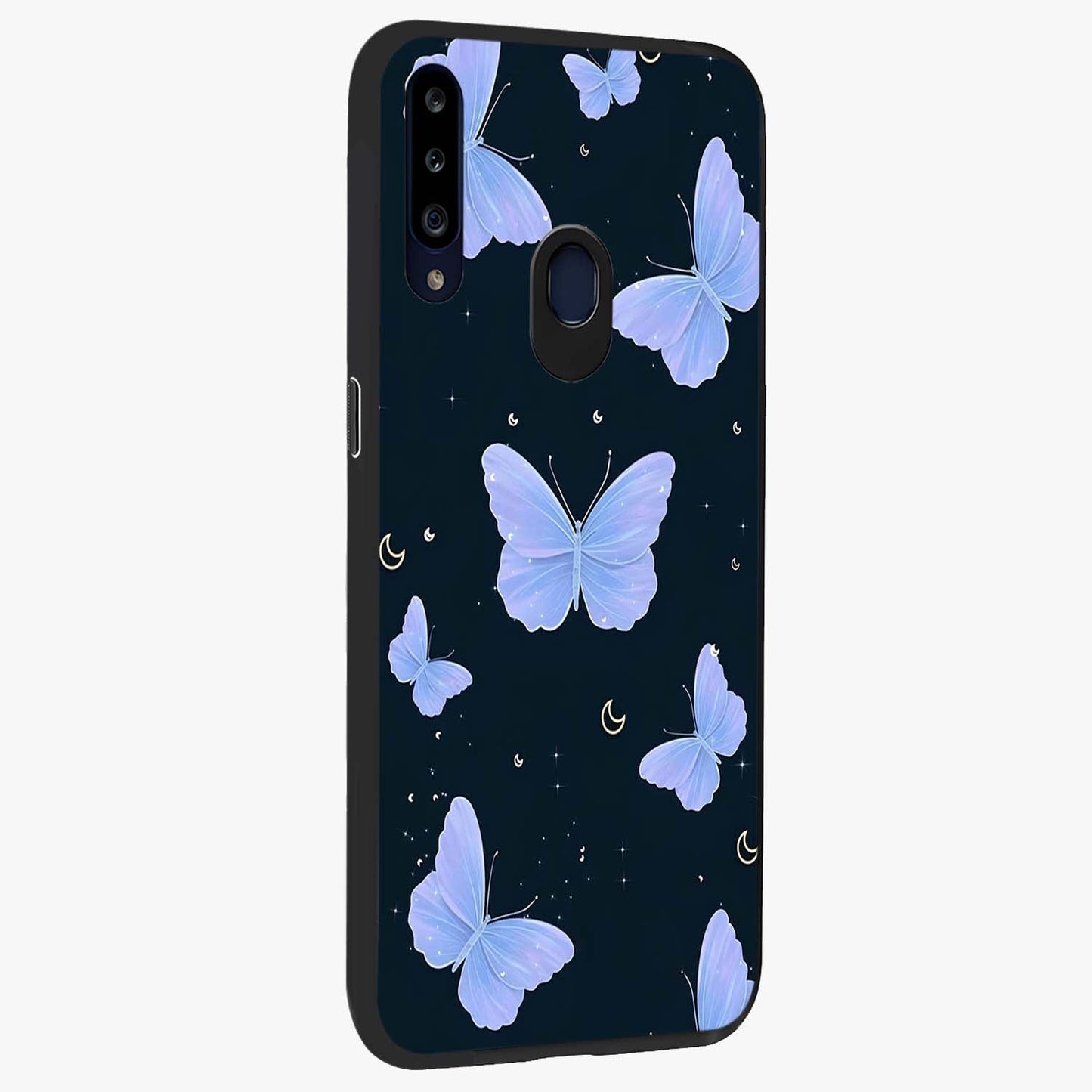 Butterfly With Stars Pattern Glass Case upright view showcasing celestial butterfly artwork with sparkling star elements.